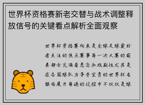 世界杯资格赛新老交替与战术调整释放信号的关键看点解析全面观察 世界杯资格赛新老交替与战术调整释放信号的关键看点解析全面观察